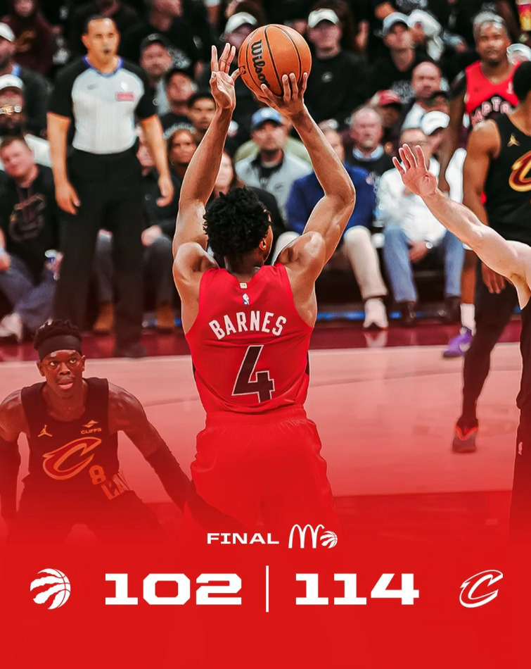 NBA季后赛，骑士主场114-102大胜猛龙。
骑士系列赛4-3淘汰猛龙晋级东部