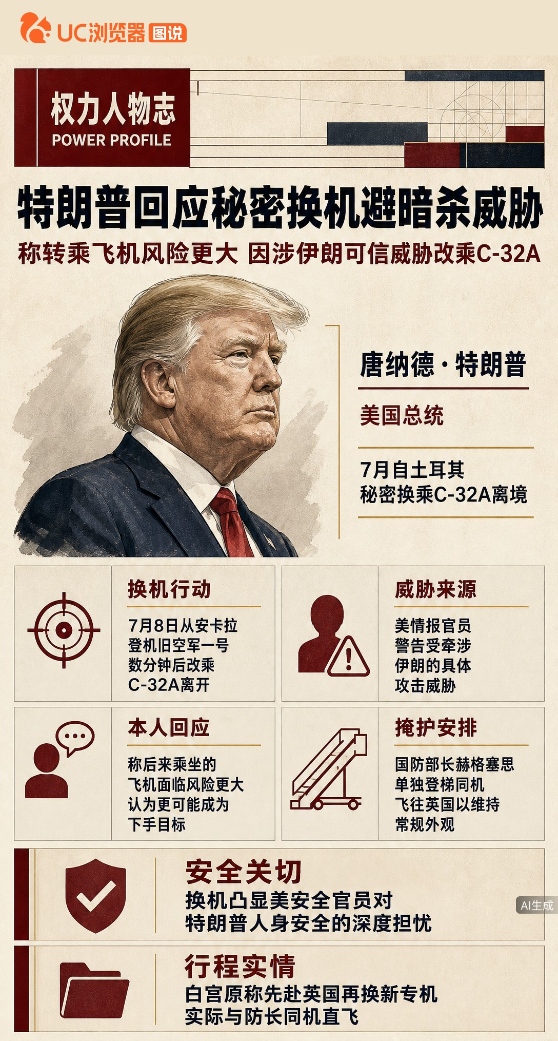 特朗普秘密换机避暗杀，却称转乘的C-32A风险反而更大。他解释这架伪装专机才是对手更可能下手的目标，国防部长还特地配合登机演戏掩护。