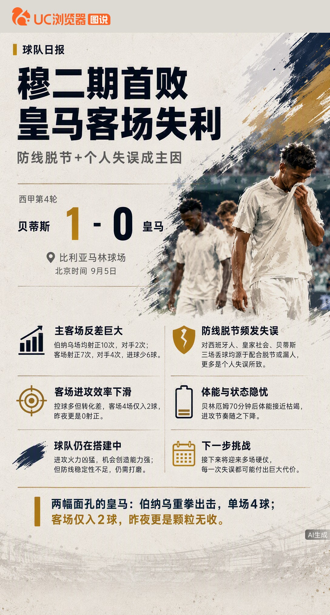 穆帅皇马遭赛季首败！主场场均10脚射正，客场却颗粒无收。防线脱节加个人失误，贝林厄姆70分钟后体能告急，这支球队还得拧螺丝。