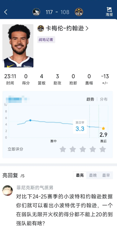 预感我狼会拿下，理由以下几点

1.掘金队老黄忠实际是一名常规赛球员，季后赛水平