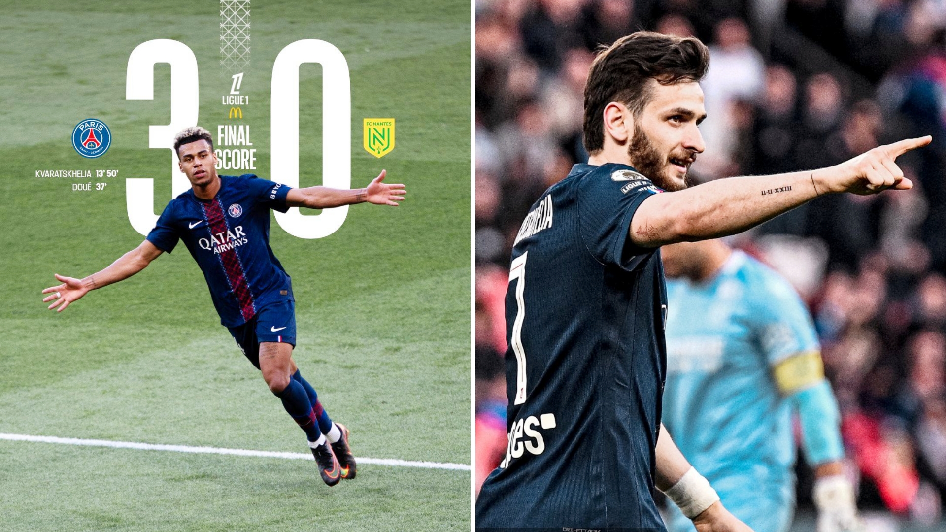 法甲：巴黎圣日耳曼主场3-0大胜南特，暂时4分领跑。
克瓦拉茨赫利亚双响，杜埃建