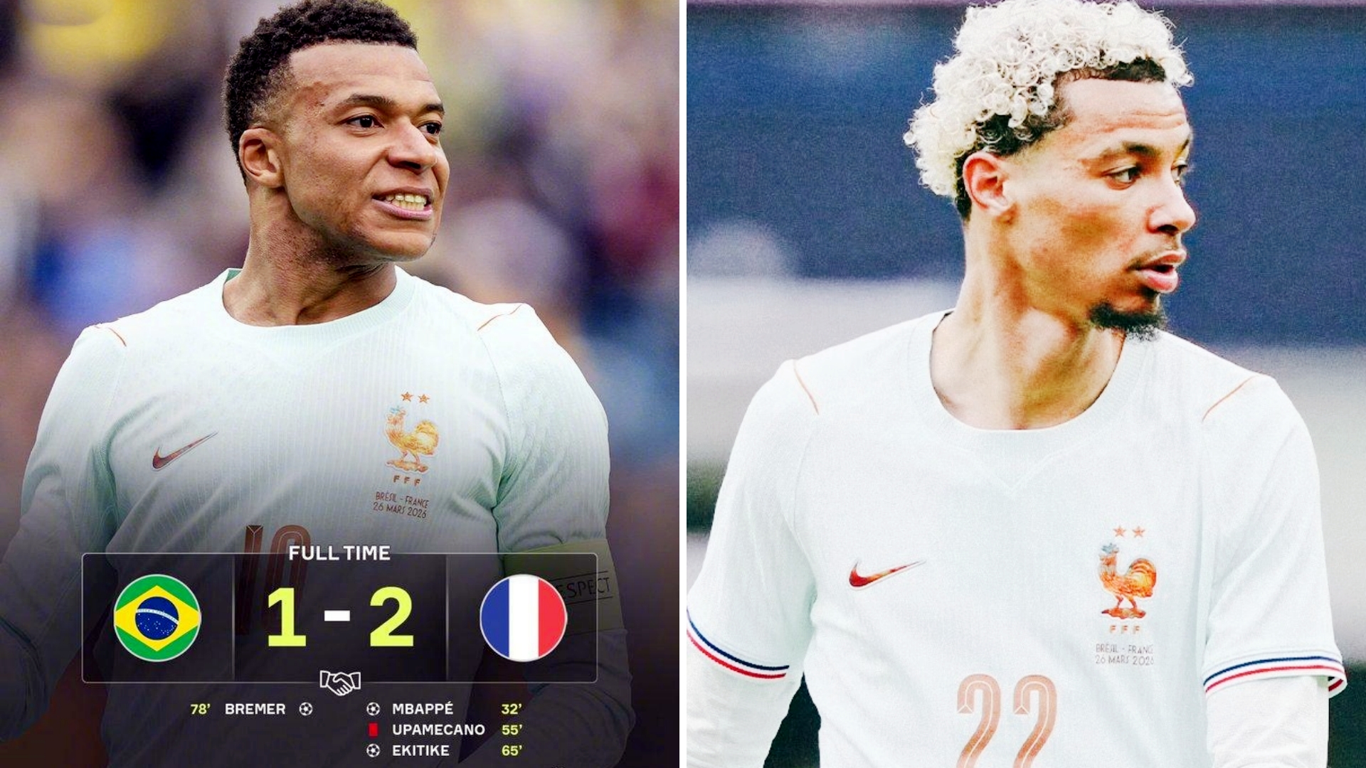 友谊赛：十人法国2-1击败巴西。
姆巴佩破门，埃基蒂克建功，布雷默扳回一城。