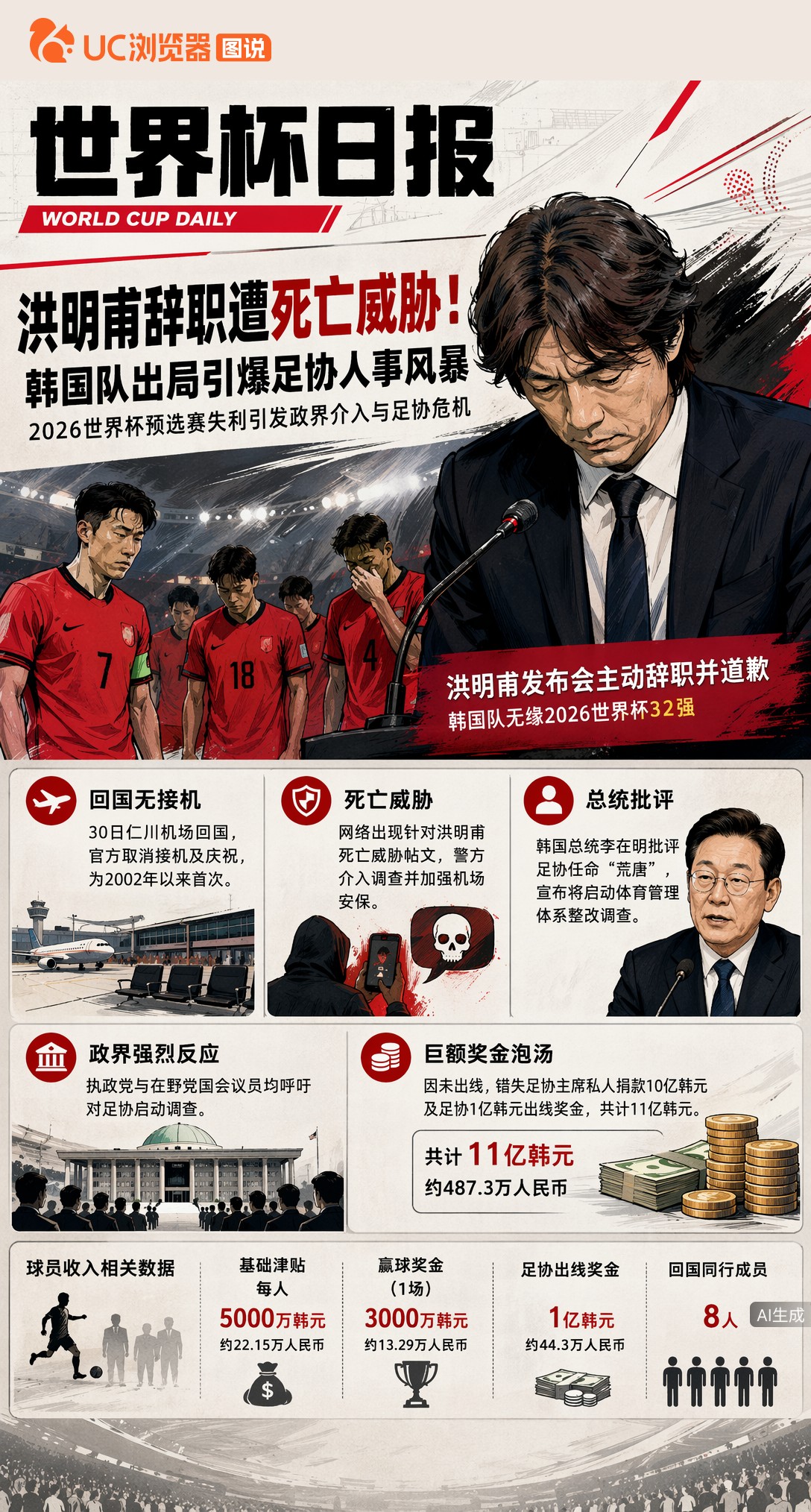 洪明甫辞职遭死亡威胁！韩国队出局引爆足协人事风暴
