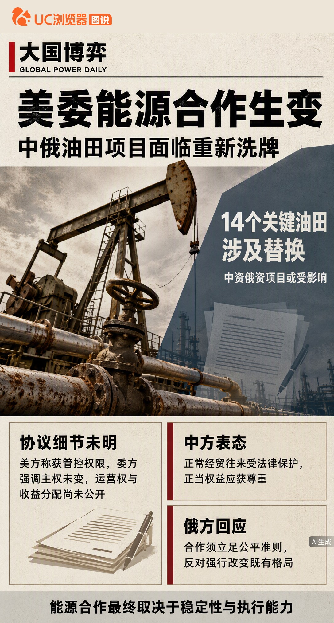 美委推进能源合作，14个核心油田或换运营商，中俄项目受波及。但双方对协议说法不一，关键条款未公开，加上当地产业老化严重，这盘棋能不能落子还是未知数。