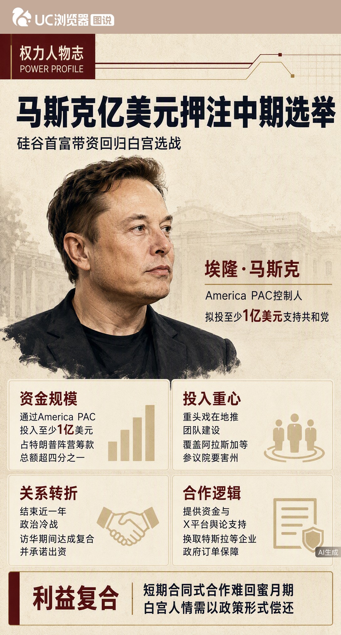 马斯克拟向中期选举投至少1亿美元，被指在特朗普支持率跌至33%时出手。但这更像短期合同：他出钱保国会，白宫用订单还人情，关系难回蜜月期。