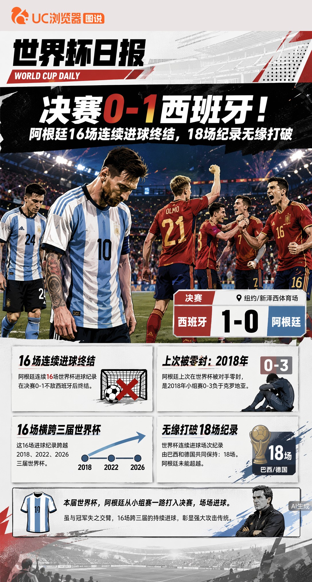 决赛0-1西班牙！阿根廷16场连续进球终结，18场纪录无缘打破