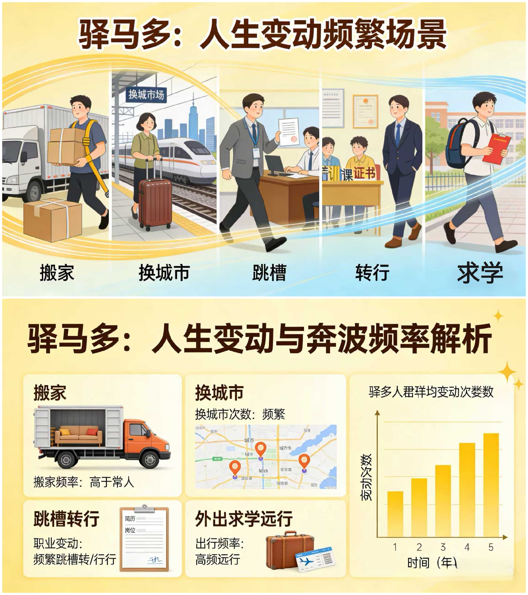 驿马多，核心就是人生变动多、奔波频率高，搬家、换城市、跳槽转行、外出求学远行这类