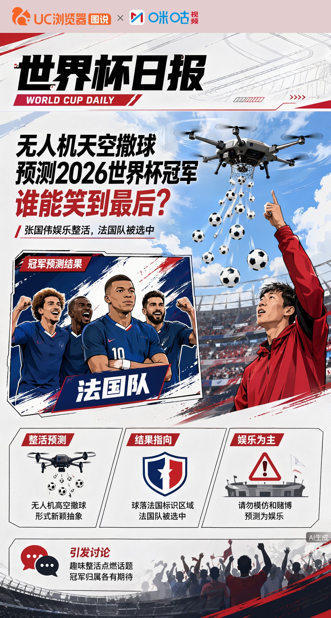 无人机天空撒球预测2026世界杯冠军，谁能笑到最后？