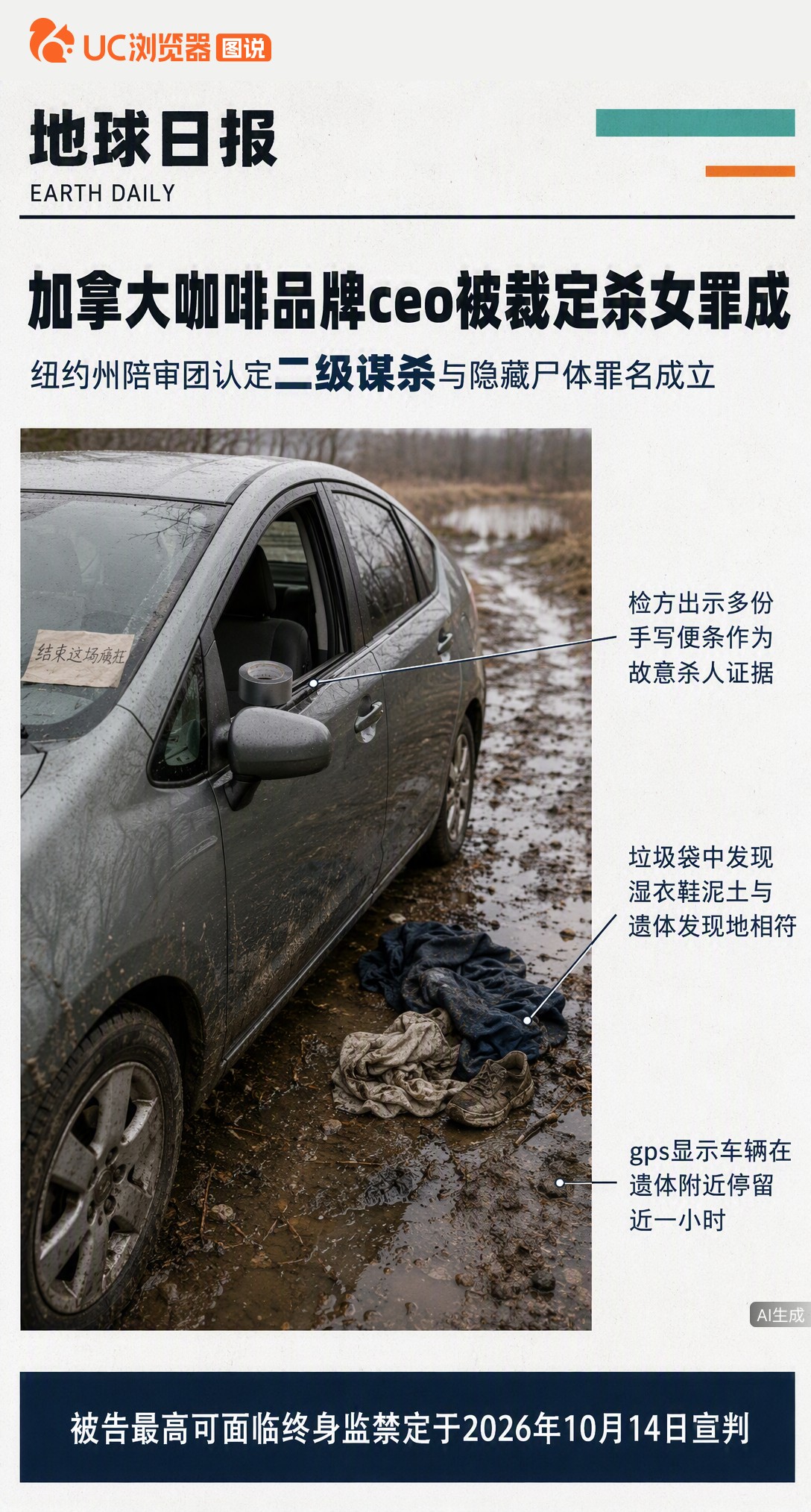 加拿大咖啡品牌CEO被裁定二级谋杀罪成立：在纽约浅水塘淹死9岁亲生女儿。检方称这是报复前妻的计划旅行，车内手写便条成关键证据，他最高可面临终身监禁。