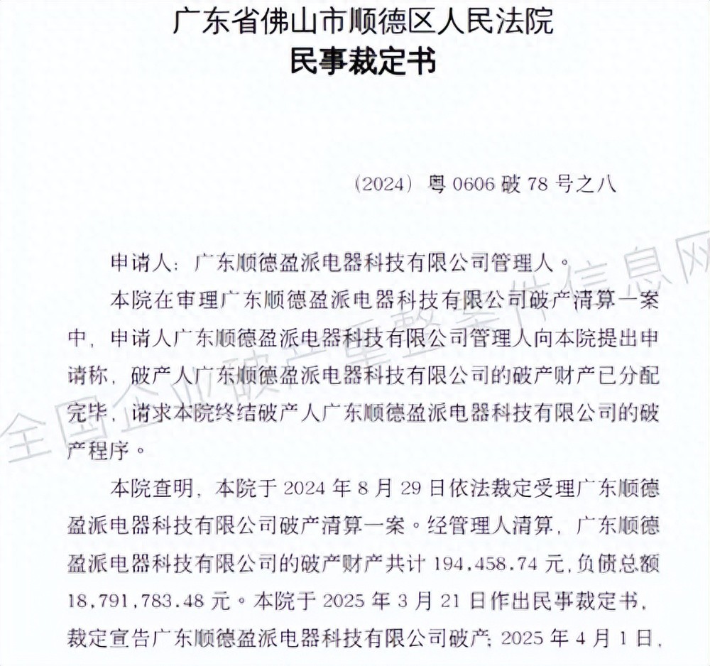 厨电行业再添一员大将！近20年老牌企业负债2000万破产
