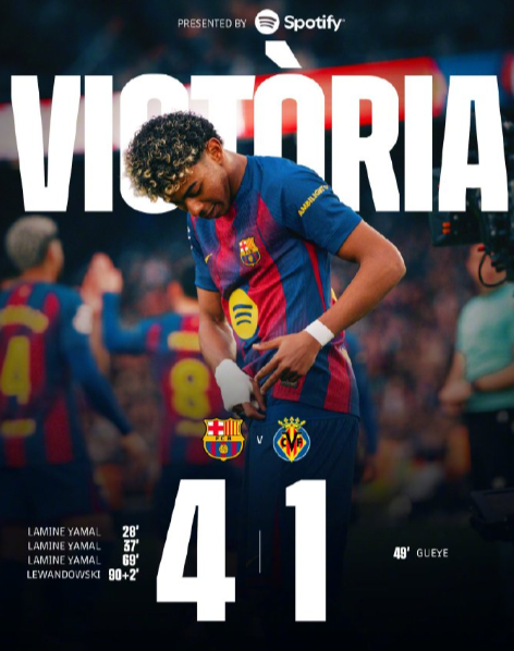 全场比赛结束，巴萨主场4:1战胜比利亚雷亚尔。上半场费尔明与亚马尔发挥出色。亚马