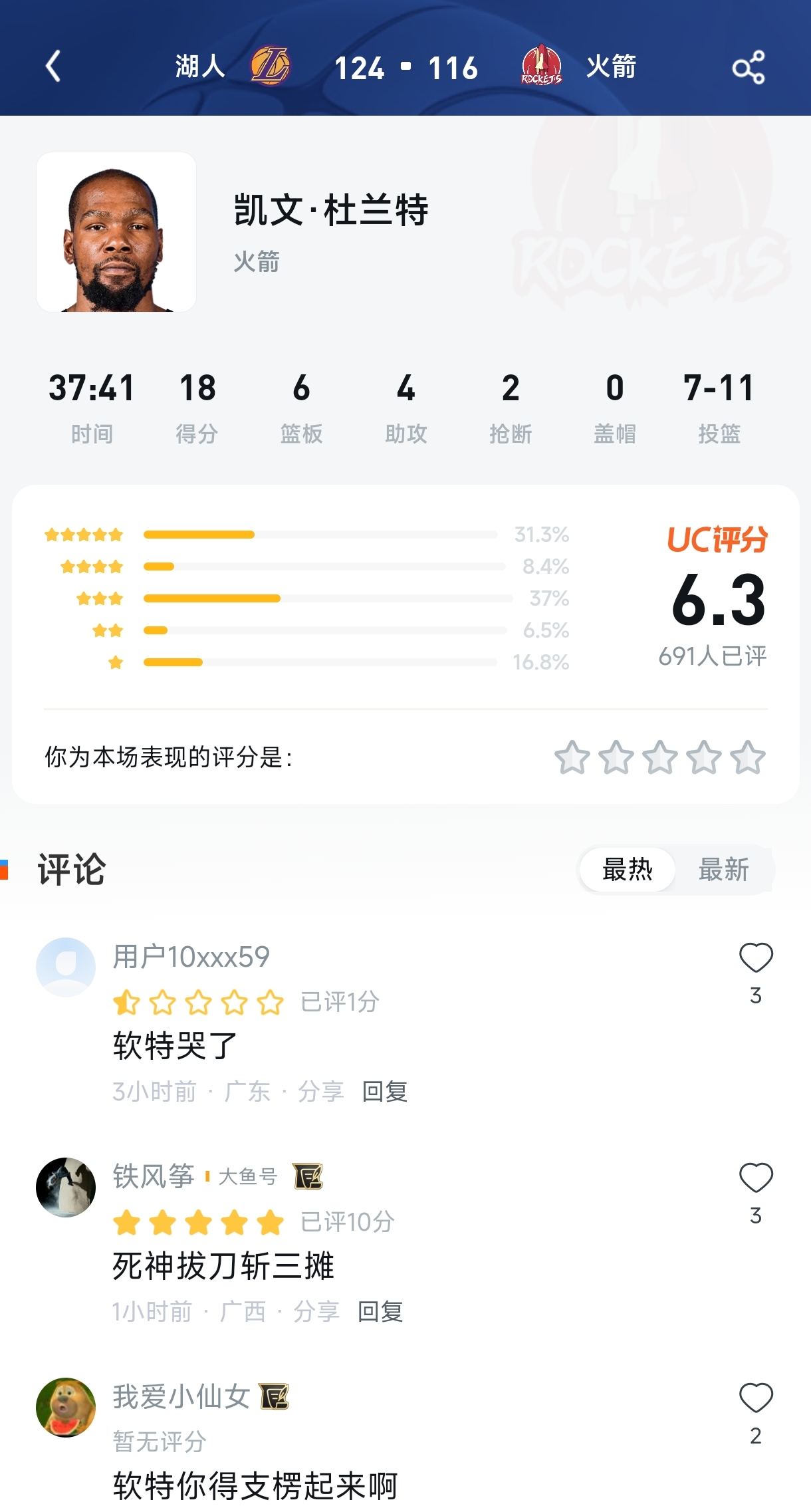 惊！杜兰特高效18分仅获6.3分？球迷：输给“过气”老詹不丢人！
