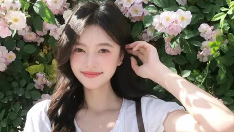 甜美大二小姐姐蔷薇花旁拍照，7个简单动作，又纯又欲真好看