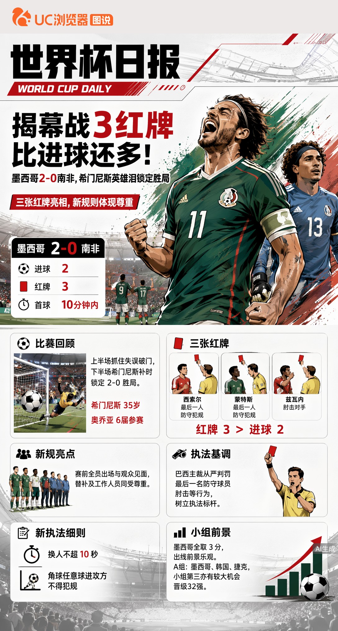 揭幕战3红牌比进球还多！墨西哥2-0南非，希门尼斯英雄泪锁定胜局