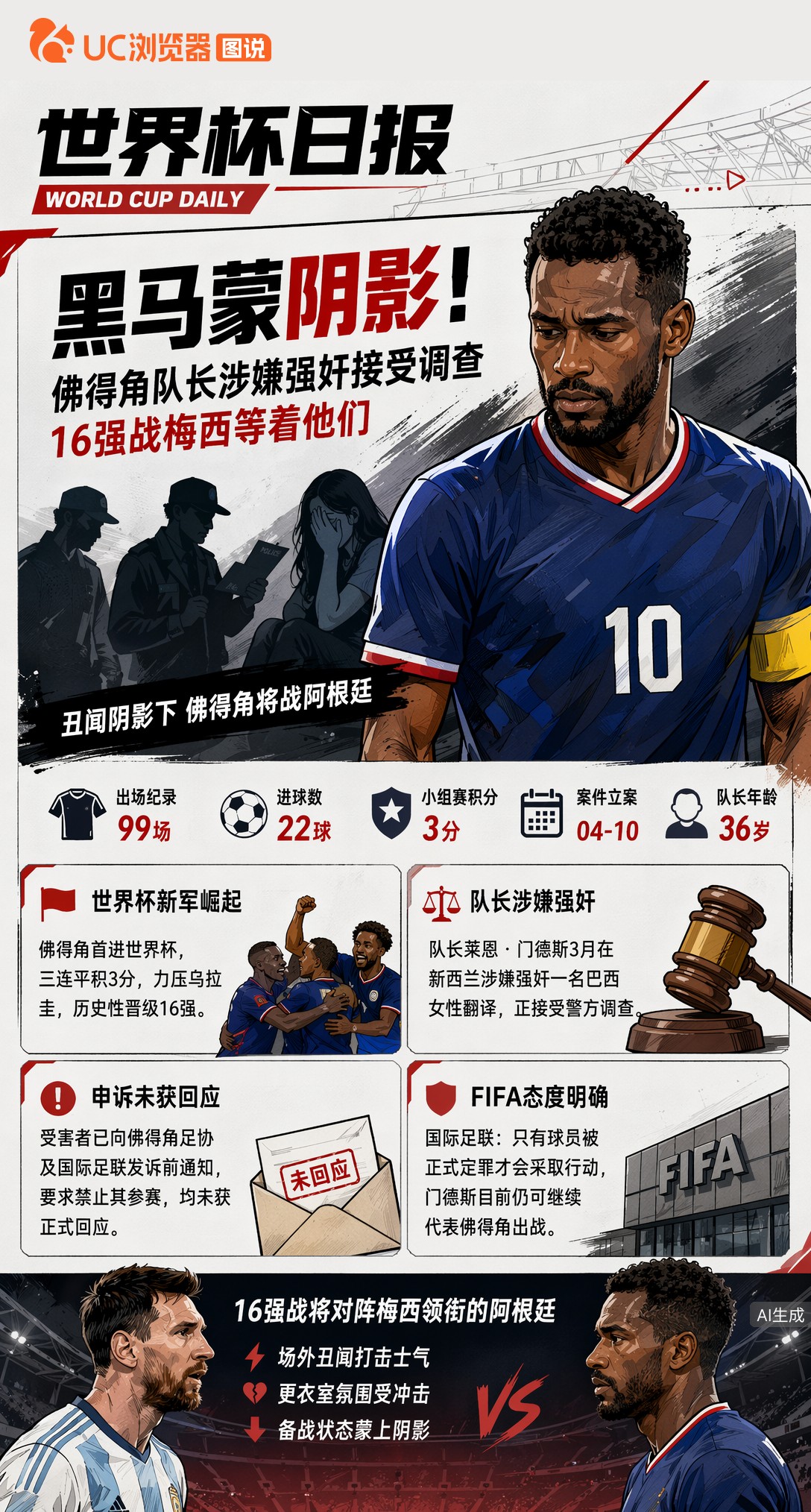 黑马蒙阴影！佛得角队长涉嫌强奸接受调查，16强战梅西等着他们