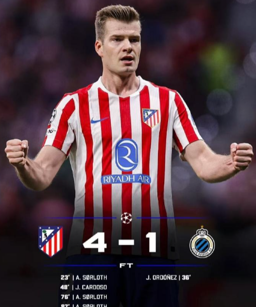 欧冠附加赛次回合，马竞主场4-1击败布鲁日，总比分7-4晋级欧冠16强。瑟洛特上