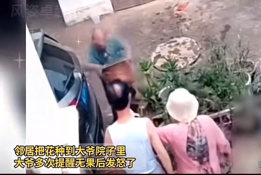 邻居把花种到大爷院子里，大爷多次提醒无果后怒了，把花盆直接砸了！邻居指责：“你太