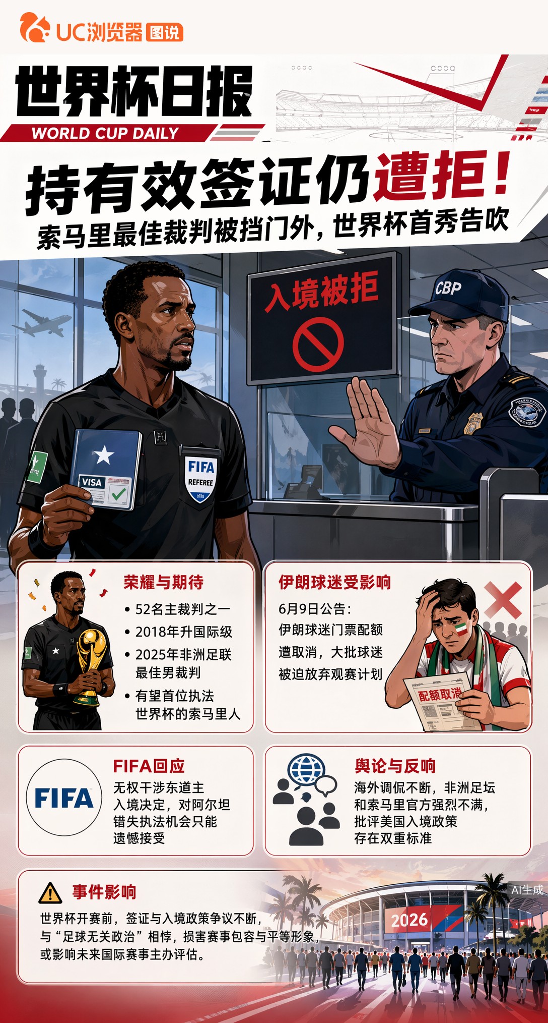 持有效签证仍遭拒！索马里最佳裁判被挡门外，世界杯首秀告吹