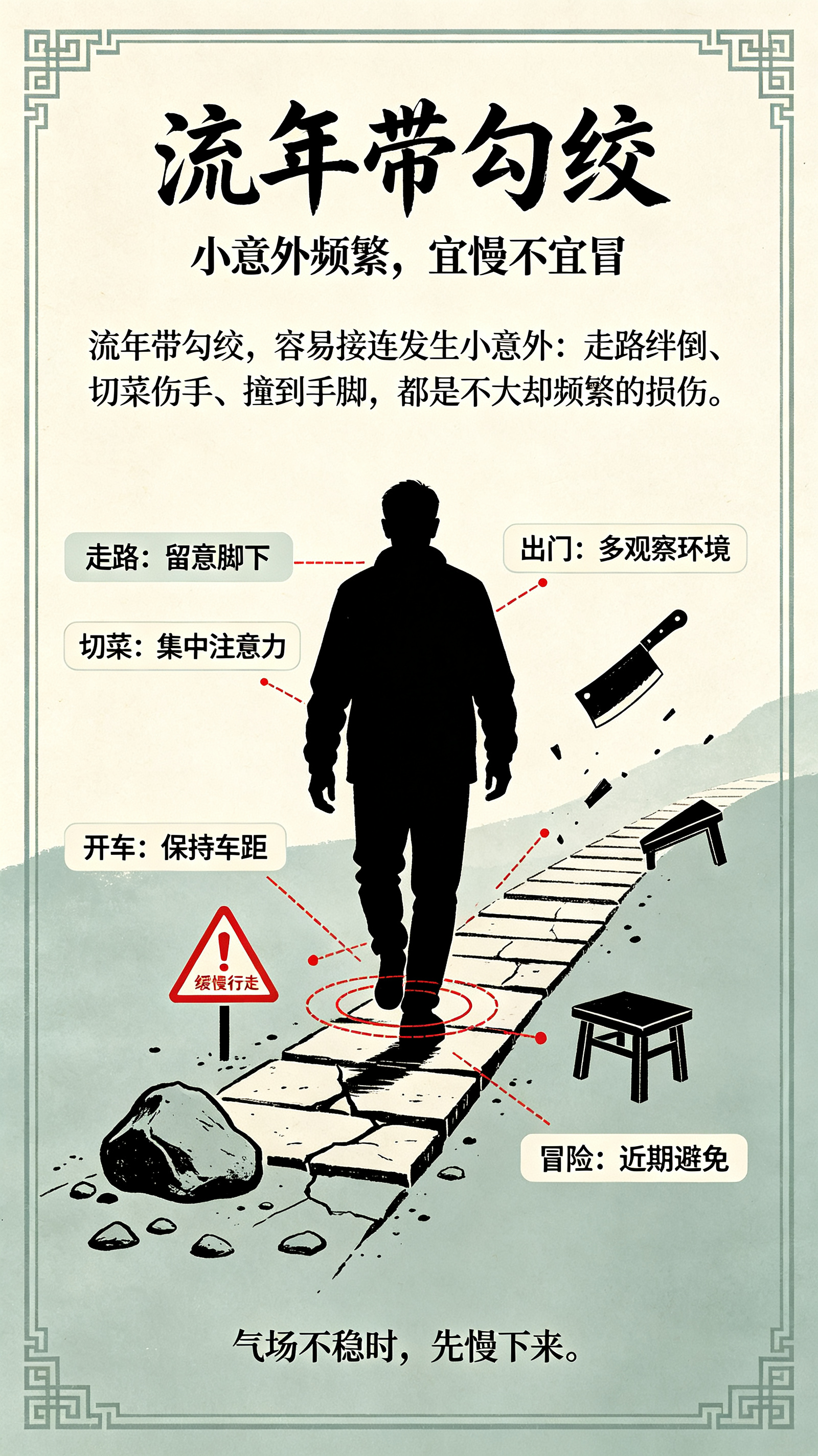 流年带勾绞，容易接连发生小意外：走路绊倒、切菜伤手、撞到手脚，都是不大却频繁的损