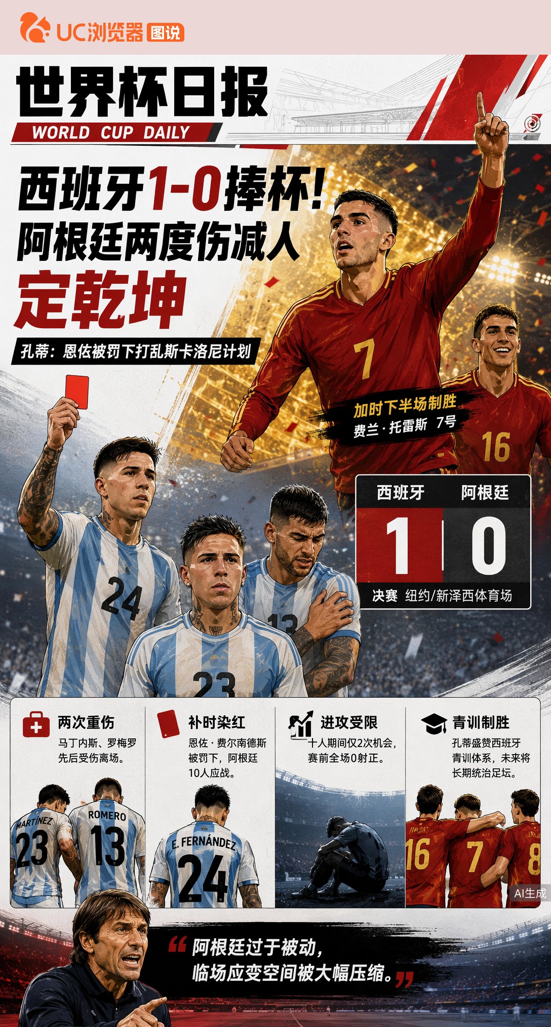 孔蒂叹劳塔罗未能登场！西班牙1-0捧杯，阿根廷两度伤减人定乾坤