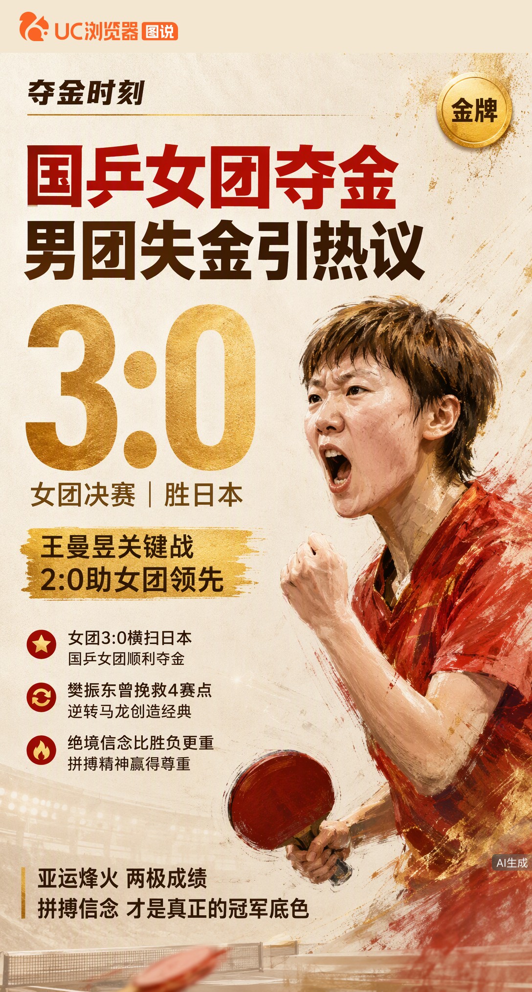 国乒女团3-0横扫日本夺金！王曼昱关键战2-0领先助队锁定胜局。男团失金背景下，这枚金牌稳住了军心，也印证了绝境中的信念感比胜负更珍贵。