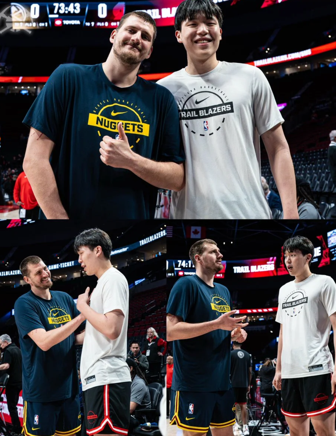 掘金官方更新动态，晒出一张掘金球员尼古拉-约基奇和开拓者球员杨瀚森赛前寒暄的合影