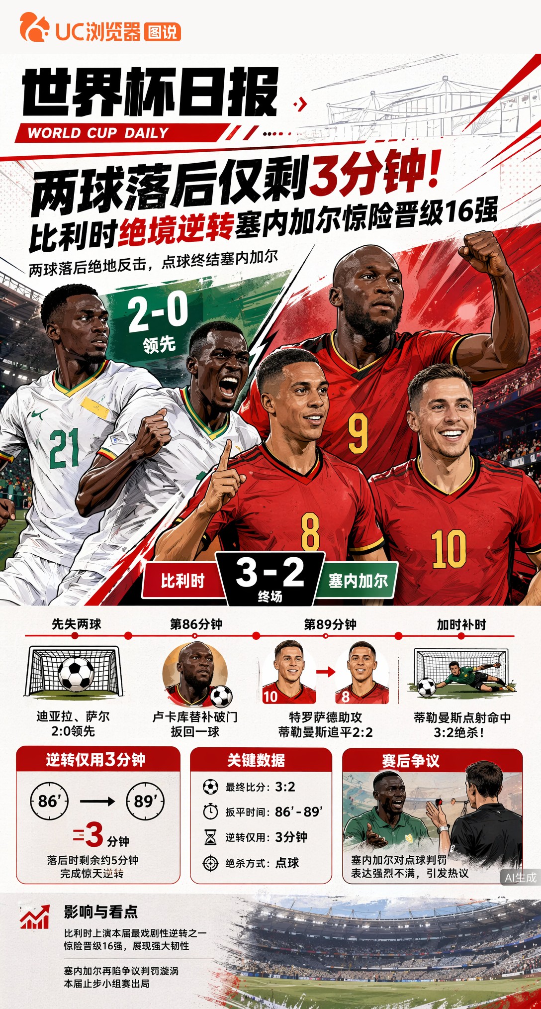 两球落后仅剩3分钟！比利时绝境逆转塞内加尔惊险晋级16强