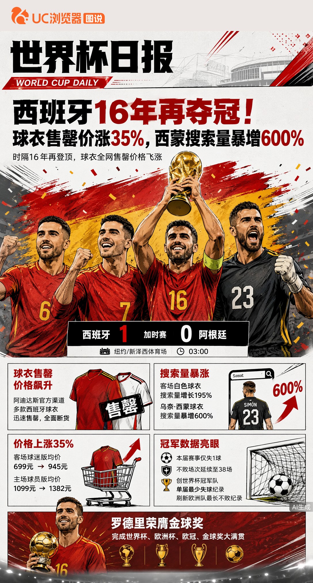 西班牙16年再夺冠！球衣售罄价涨35%，西蒙搜索量暴增600%