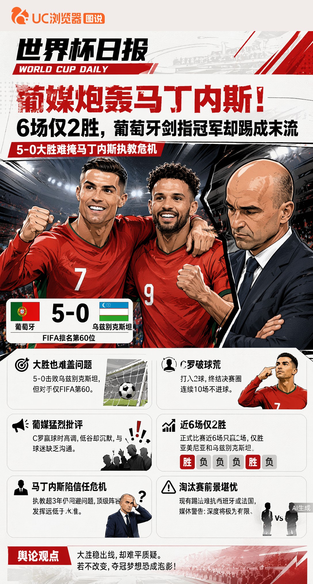 葡媒炮轰马丁内斯！6场仅2胜，葡萄牙剑指冠军却踢成末流