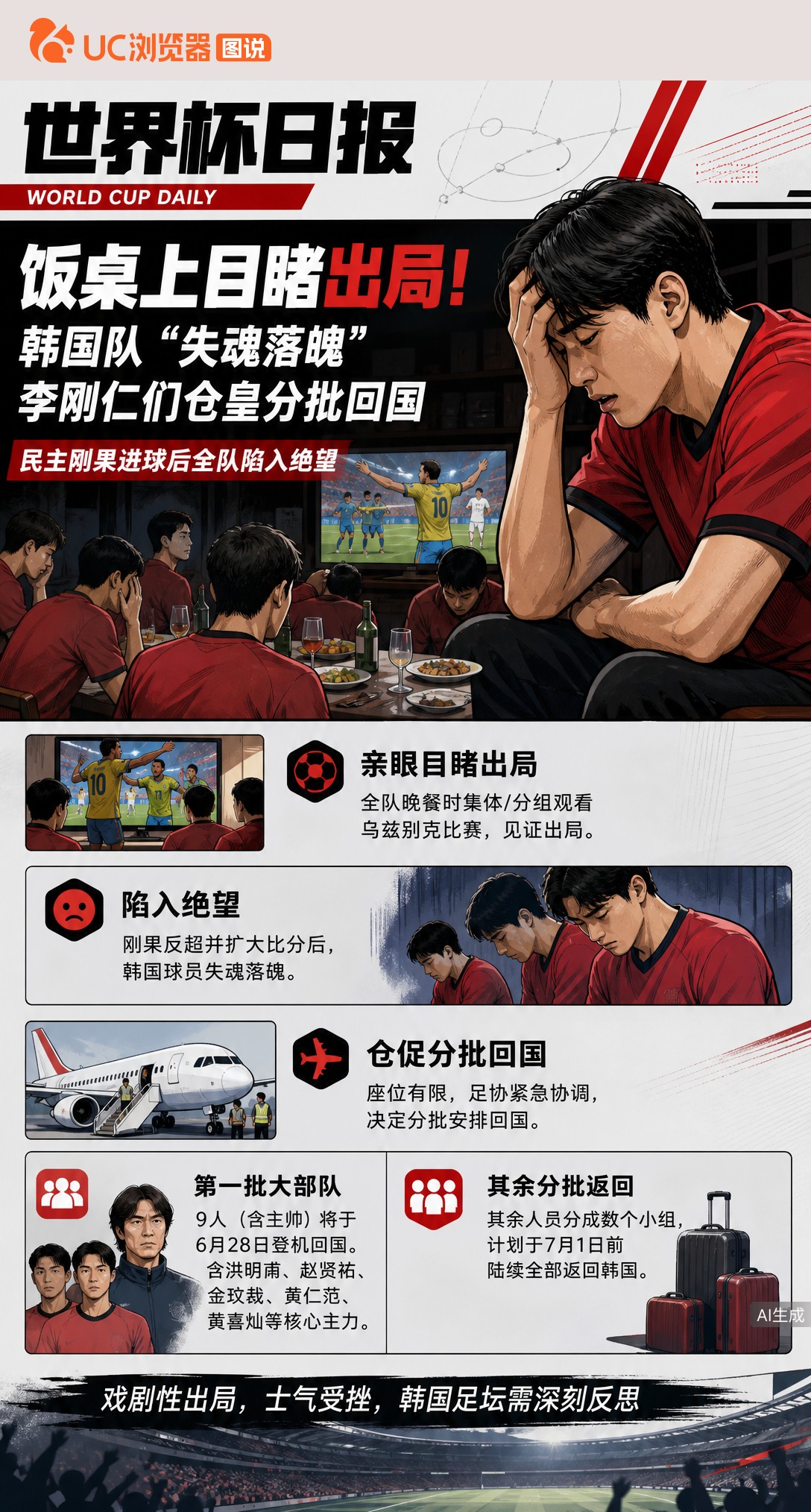 饭桌上目睹出局！韩国队"失魂落魄"，李刚仁们仓皇分批回国