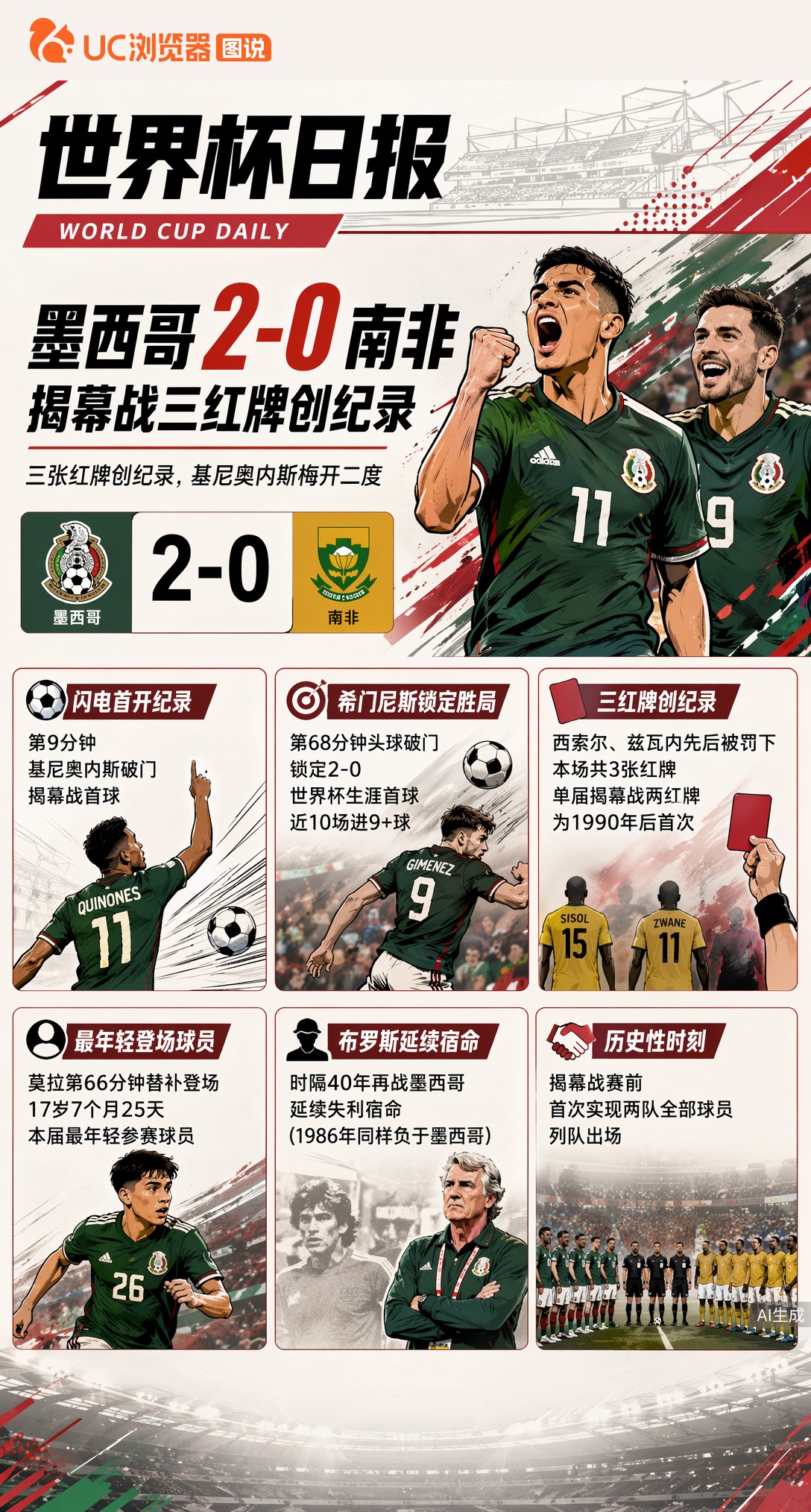 基尼奥内斯破门希门尼斯建功！墨西哥2-0南非，揭幕战三红牌创纪录