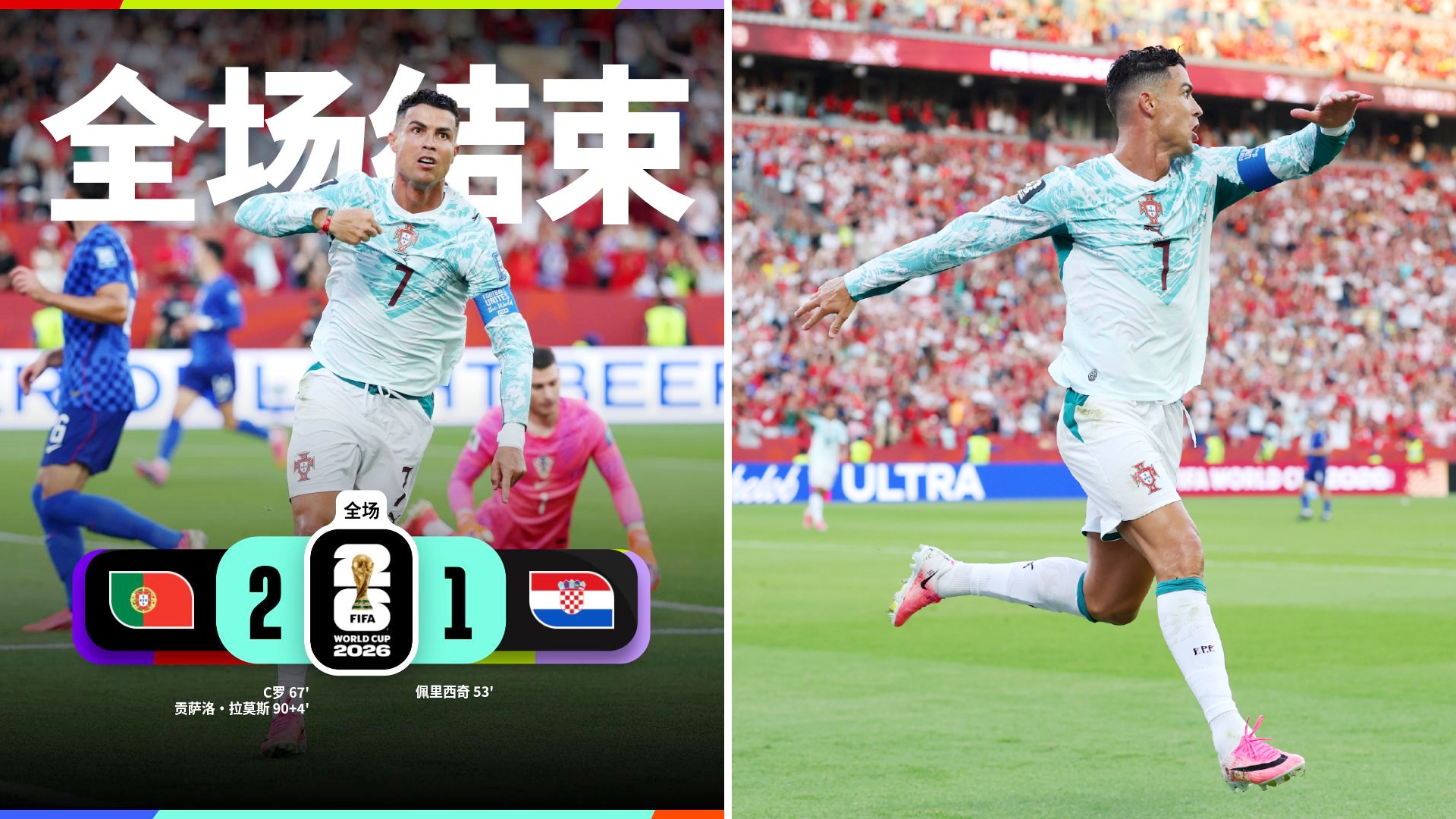 世界杯：葡萄牙2-1绝杀克罗地亚，惊险晋级。
佩里西奇建功，C罗打入淘汰赛首球，