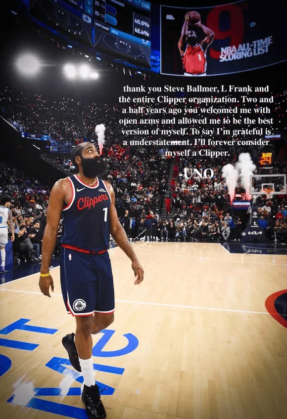 詹姆斯-哈登在快船与骑士的交易当中，被送至克利夫兰。
今日，哈登在社媒上发布了一