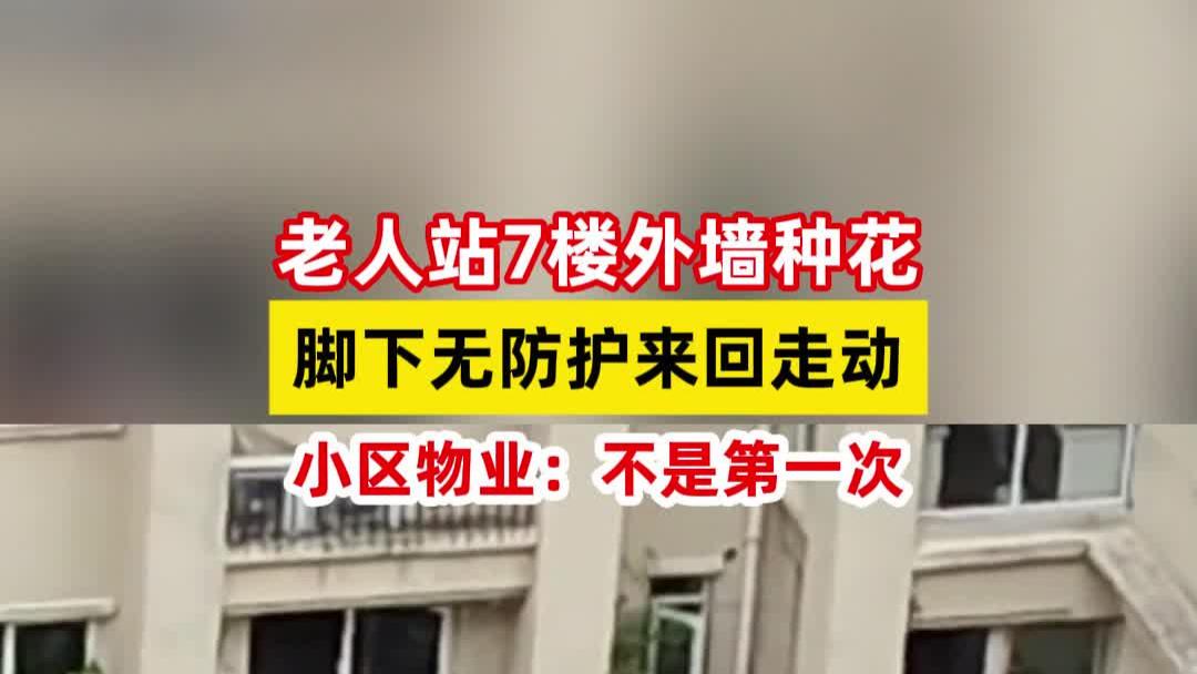老人站7楼外墙种花，脚下无防护来回走动，小区物业：不是第一次