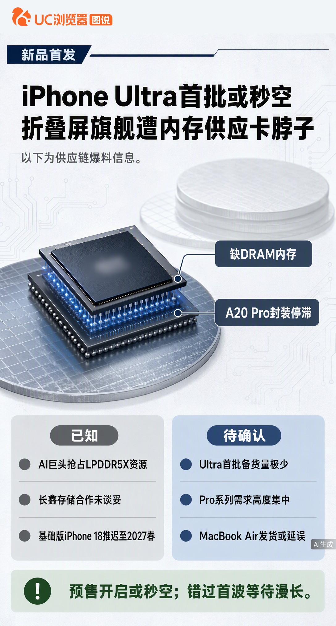 iPhone Ultra首批或秒空？曝苹果找长鑫救急未谈妥，AI抢光内存致台积电10亿美元芯片积压。基础版推迟叠加产能吃紧，今年想买Pro和折叠屏，手慢可能真得等到冬至。