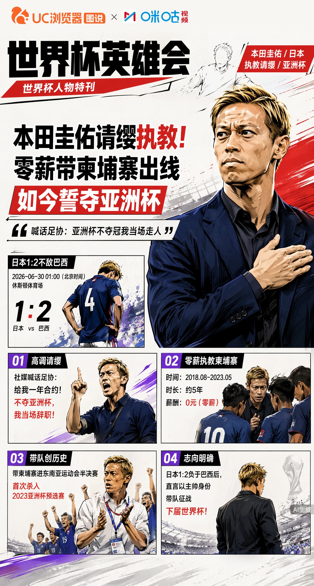 本田圭佑请缨执教日本队！零薪带柬埔寨出线，如今誓夺亚洲杯