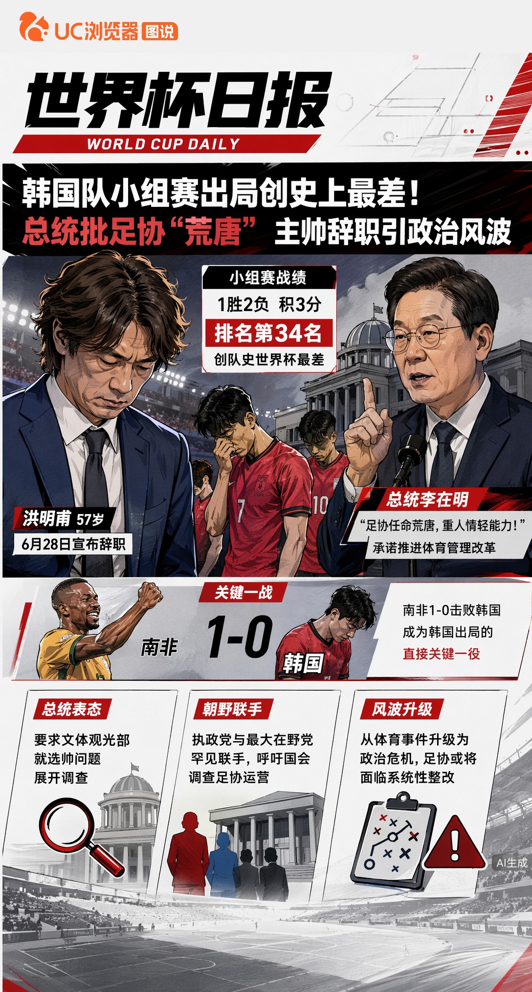 韩国队小组赛出局创史上最差！总统批足协"荒唐"，主帅辞职引政治风波