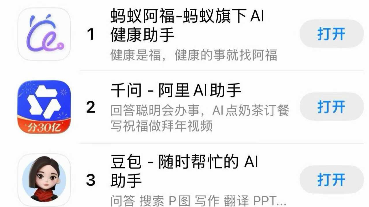 春节AI应用霸榜：蚂蚁阿福登顶苹果总榜榜首，互联网大厂齐占前排
