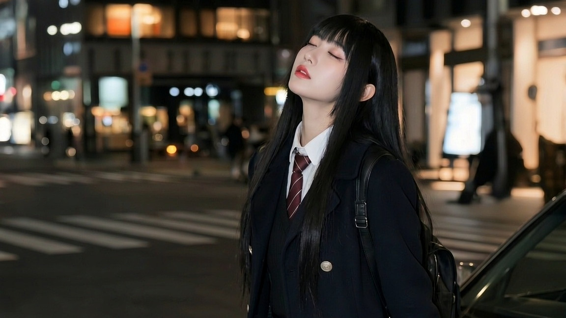 黑色大衣配百褶裙，夜风里的日系电影感