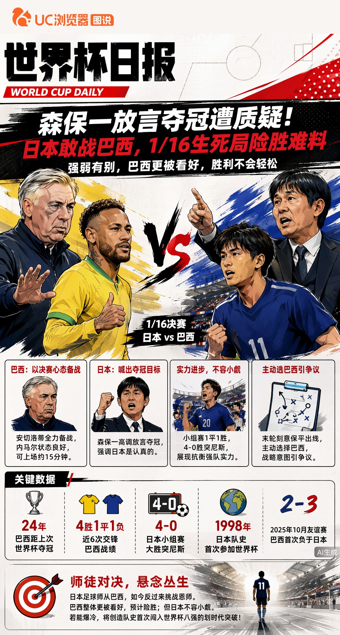 森保一放言夺冠遭质疑！日本敢战巴西，1/16生死局险胜难料