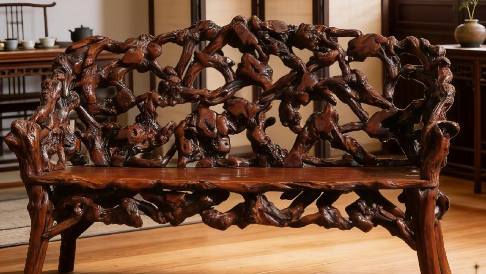 天工藏禅，野趣归真，龙眼木盘根百衲禅椅