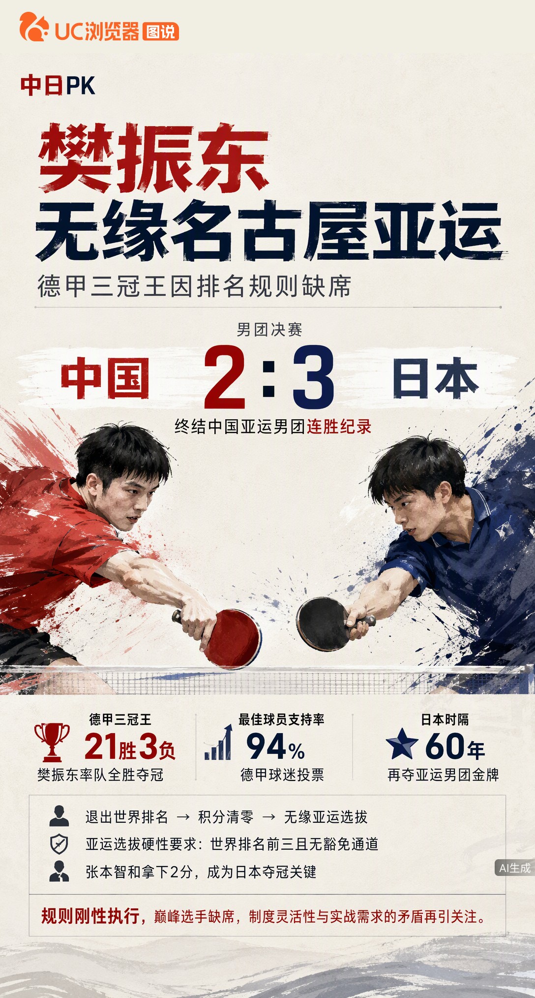 男团2-3负日本，张本智和独拿两分助对手时隔60年夺金。樊振东虽在德甲豪取三冠王，却因退出排名积分清零无缘亚运选拔，巅峰战力缺席成失利最大遗憾。