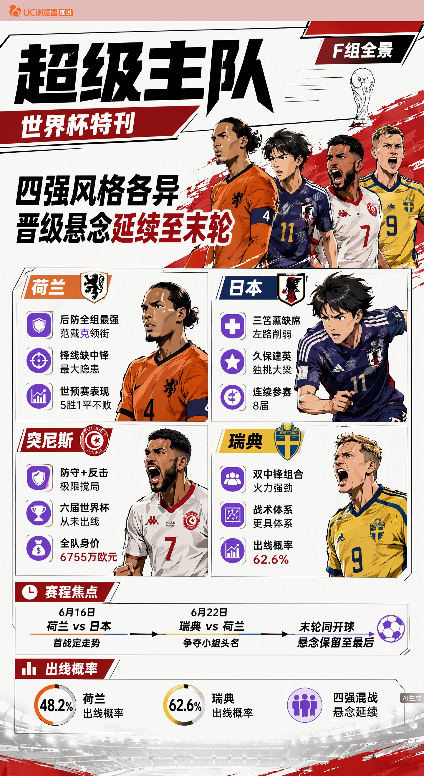 2026世界杯F组全景解析：四强风格各异 晋级悬念延续至末轮