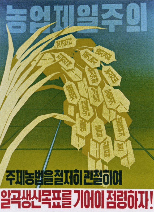 朝鲜宣传画：农业第一主义 ，彻底贯彻主体农业法，务必攻克粮食生产目标！