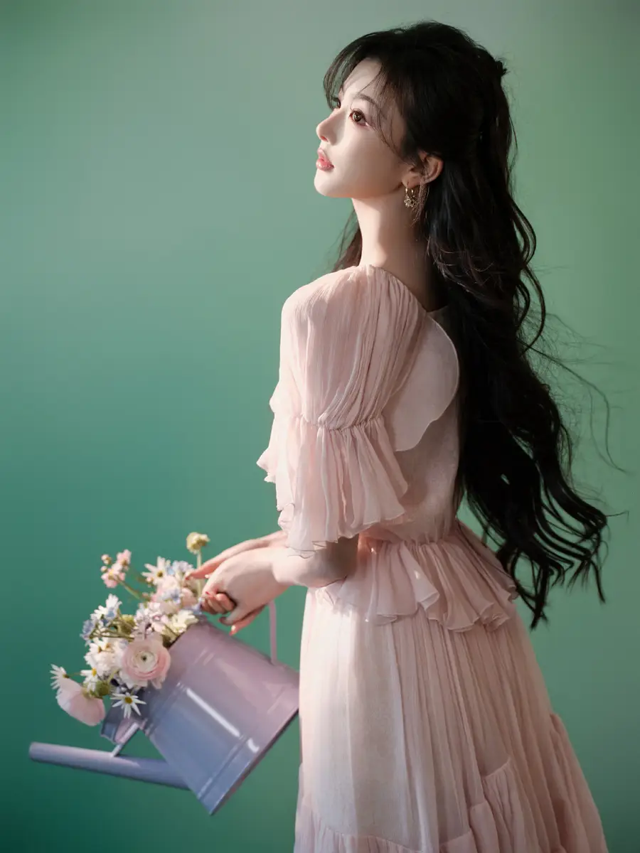 孔雪儿手捧鲜花眉眼清甜 穿粉色层叠纱裙尽显仙女气质