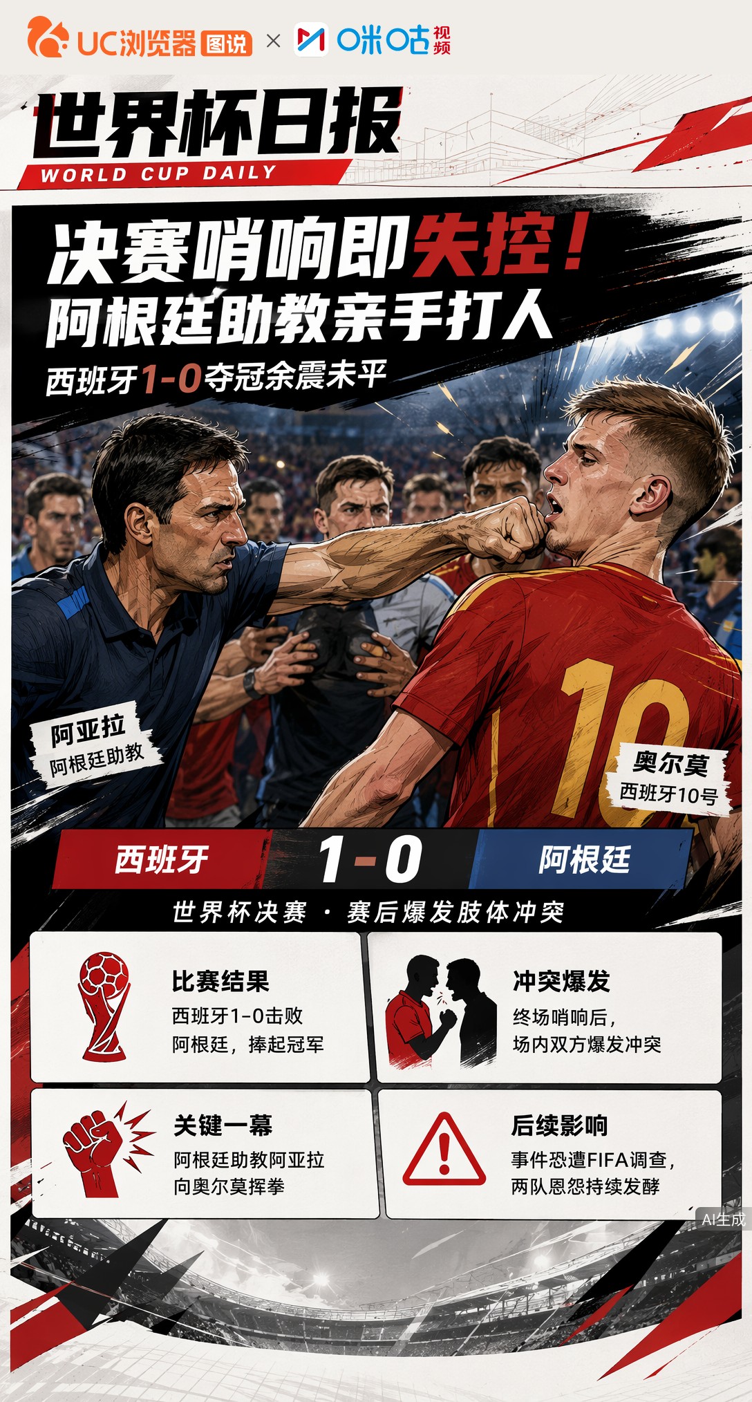 决赛哨响即失控！阿根廷助教亲手打人，西班牙1-0夺冠余震未平
