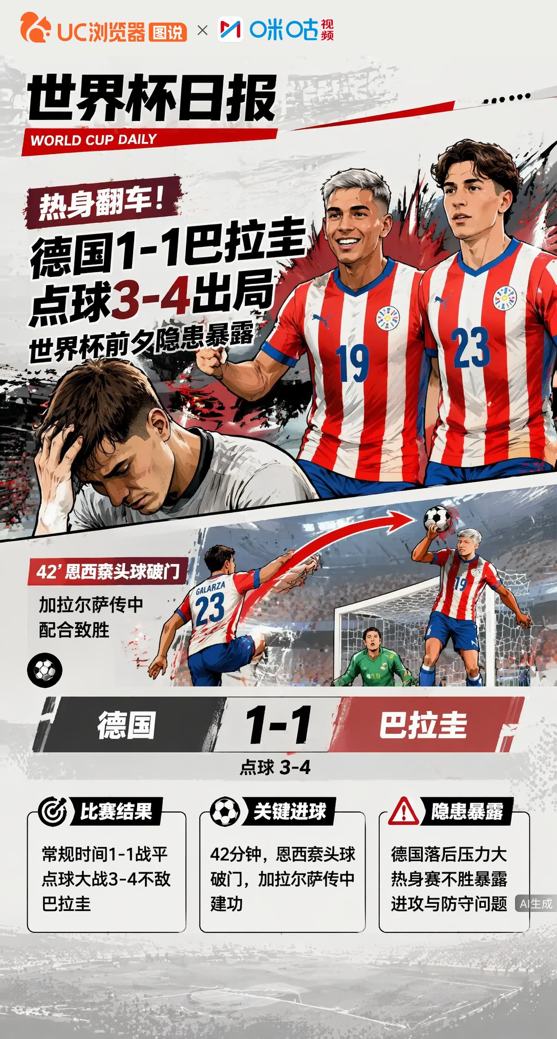 热身翻车！德国1-1巴拉圭，点球3-4出局，世界杯前夕隐患暴露