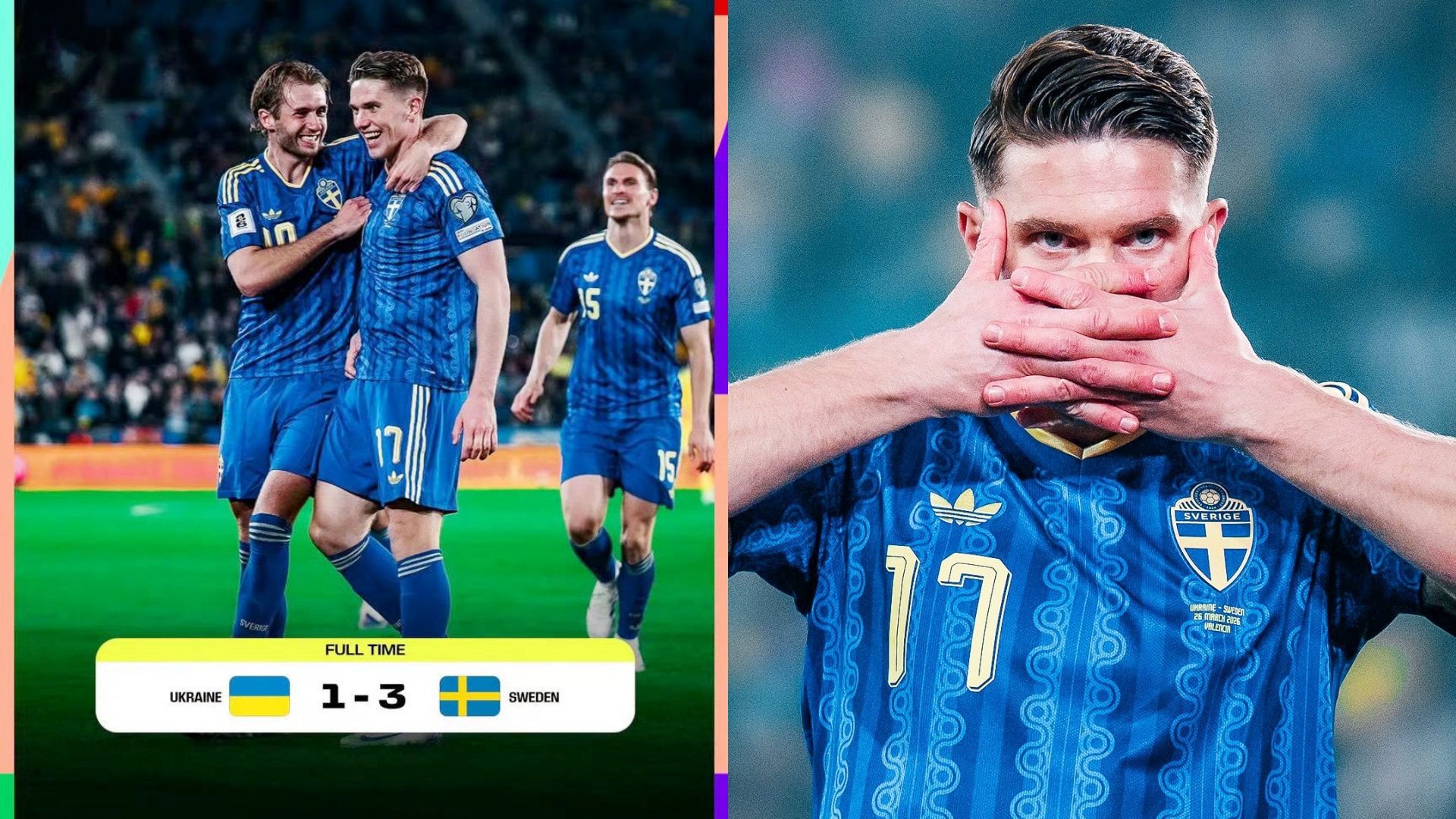 世预赛欧洲区附加赛半决赛：瑞典3-1击败乌克兰。
约克雷斯戴帽帮助球队取胜，附加