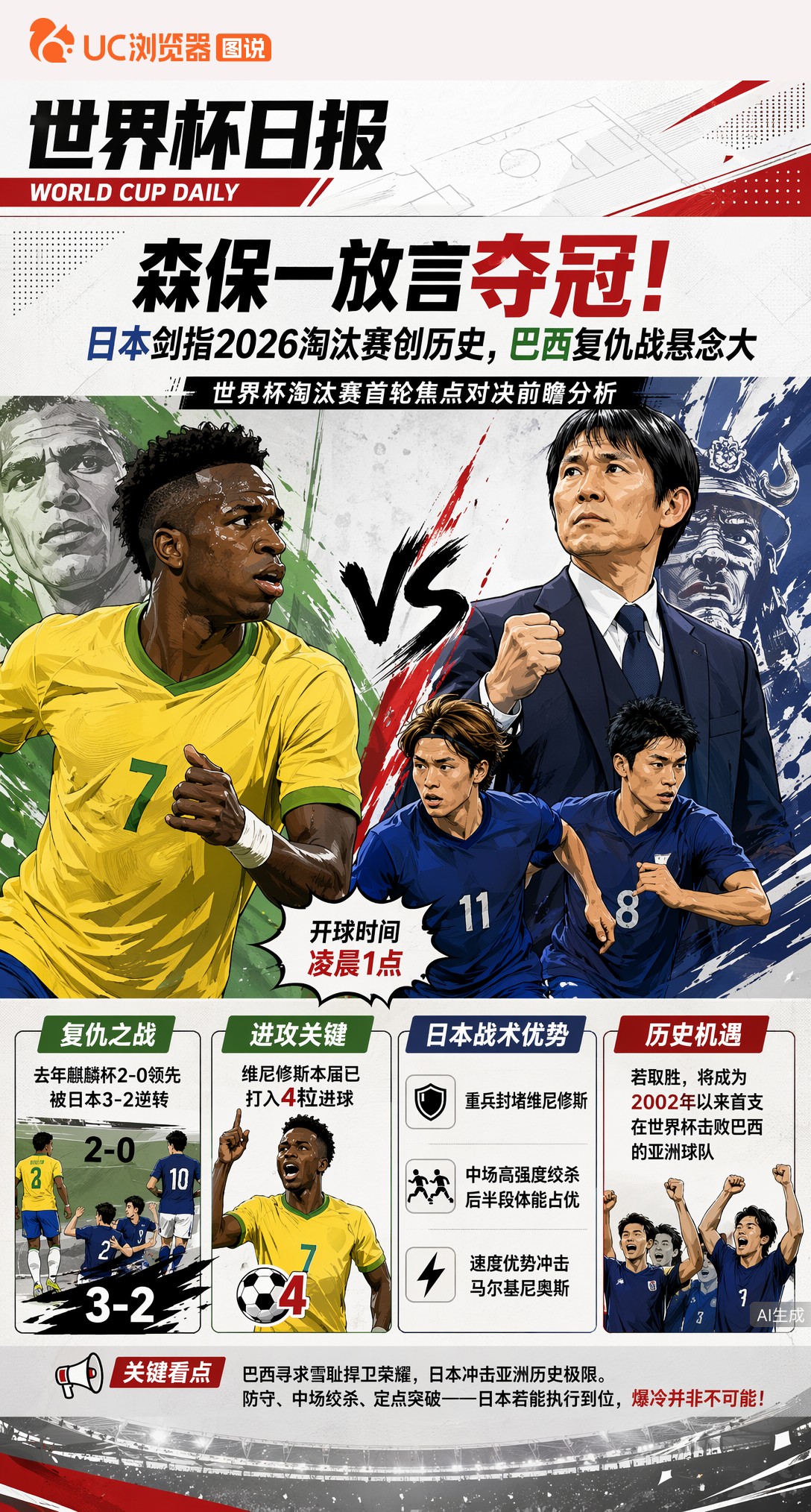 森保一放言夺冠！日本剑指2026淘汰赛创历史，巴西复仇战悬念大