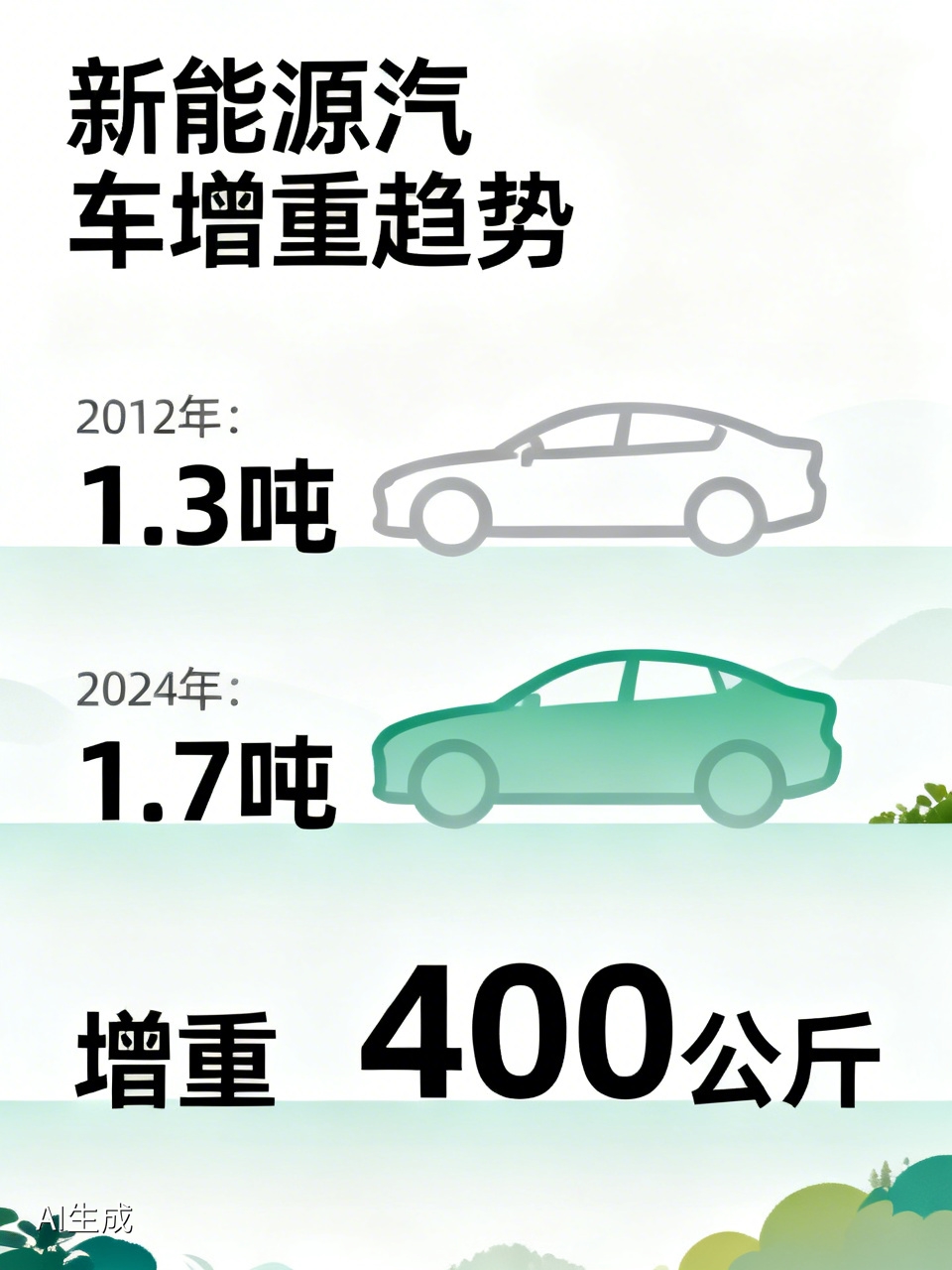 现在的新能源汽车重量越来越重，这现象太明显了。2012年普通家用车平均重1.3吨